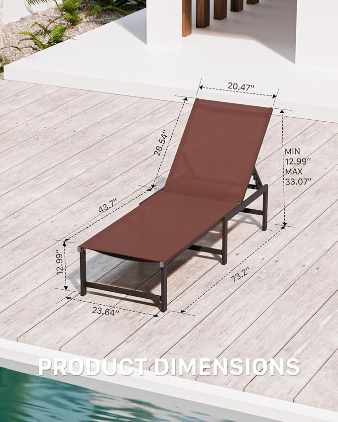 Chaise Lounge Chair Outdoor,Aluminum Patio Lounge Chairs Set of 2,Pool Lounge Chairs with 5 Adjustable Backrest and Headrest Pillows for Outside Beach，Brown