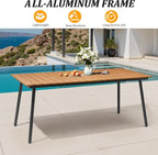 Outdoor Dining Table for 6, 70inch Patio Dining Table with Wooden-Like Top and Aluminum Frame, Rectangular Table with Umbrella Hole Outdoor Furniture, Brown