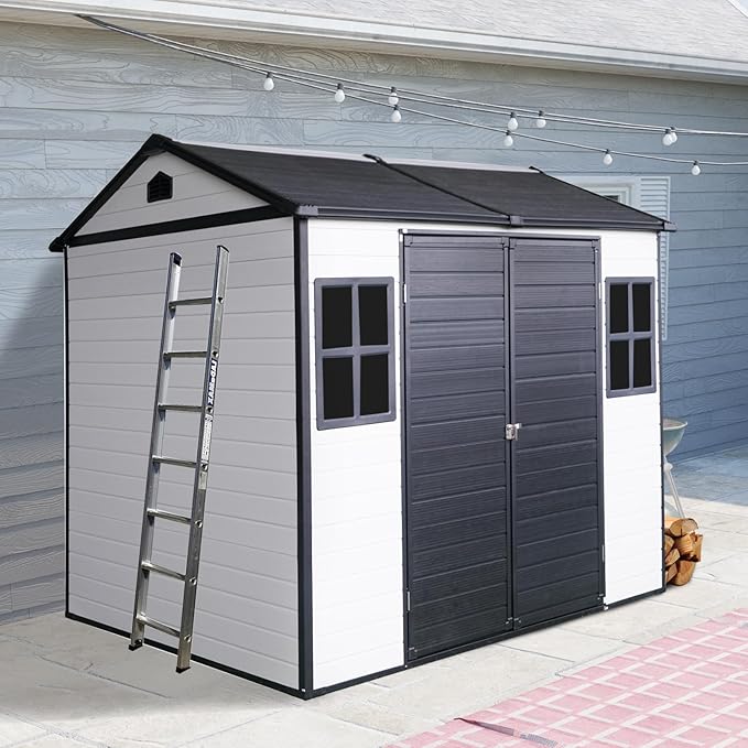 Outdoor Storage Shed with Two-Window and Lockable Door, 8 x 6 FT Resin Storage Shed, Plastic Tool Shed with Floor for Gargen, Patio, Yard, Lawn