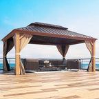 MELLCOM 12'x16' Wood Looking Hardtop Gazebo, Aluminum Frame and Galvanized Steel Double Roof, Metal Outdoor Gazebo with Curtains and Nettings for Deck Backyard and Patio
