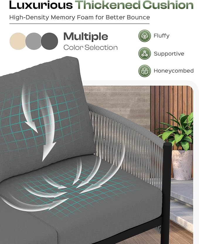 Aluminum Outdoor Patio Furniture Set, HDPE Rope 5 Piece Modern Sectional Conversation Sets with Dual-Layer Coffee Table, All Weather Patio Couch Sofa with Thick Cushions, Gray Frame, Charcoal