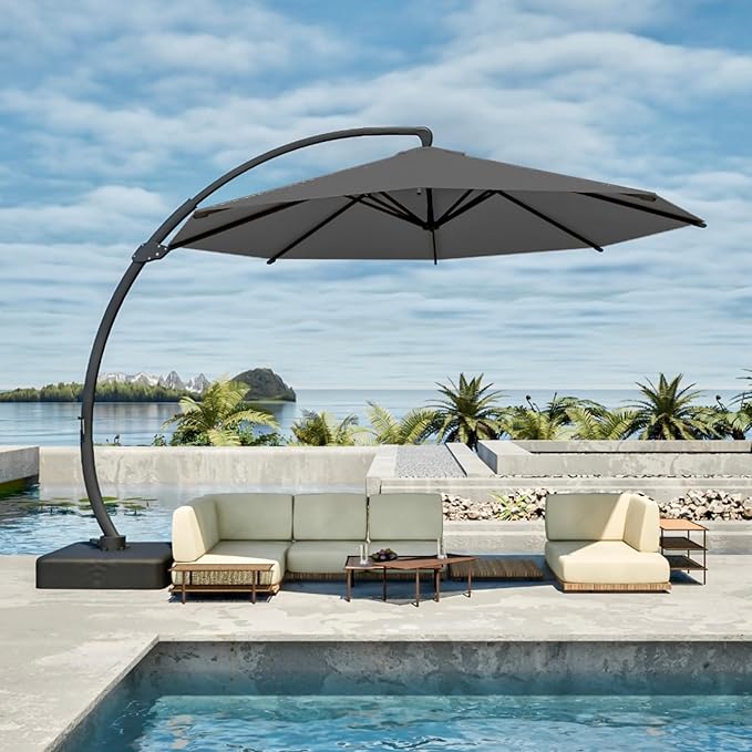 11FT Cantilever Umbrella with Base Large Curvy Outdoor Aluminum Offset Umbrella w/ 360° Rotation, UV Resistant Canopy for Patio, Garden, Backyard, Gray