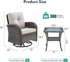 Outdoor Swivel Glider Rocker Chairs - 3 Piece Patio Furniture Set, Patio Bistro Sets with Tempered Glass Side Table, for Balcony, Porch - Brown Wicker, Beige Cushion