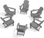 SERWALL Folding Adirondack Chair Set of 6, Adjustable Adirondack Chair with 3 Recline Positions, All Weather HDPE Outdoor Adirondack with Cup Holders, Gray
