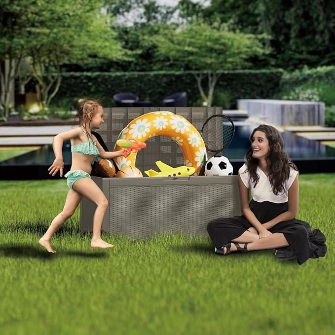 Multi-Functional 100 Gallon Patio Storage Bench - Waterproof Outdoor Deck Box & Storage Cabinet, Lockable Resin Chest for Pool/Garden Accessories, UV-Resistant, Weathered Grey