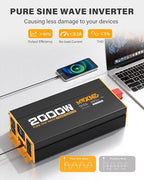 2000W Pure Sine Wave Inverter 12V DC to 110V 120V AC Car Converter for RV Truck Off-Grid Solar Power Inverter with 4 AC Outlets, USB/Type-C Fast Charging Ports, LCD Display, Remote Control
