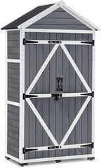 MCombo Outdoor Storage Cabinet with 2 Shelves, Outside Storage Shed with Floor, Wooden Garden Tool Shed with Latch for Yard Deck Lawn, 1000