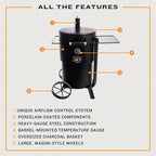 Char-Broil Oklahoma Joes Bronco Barrel Drum Smoker with Porcelain Coated Steel, Air Intake Channel, and 630 Square Inches Cooking Surface, Black