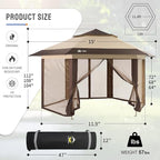 CROWN SHADES 12x12 Pop up Gazebo with Mosquito Nettings, Patented Center Lock 6-Sided Portable Gazebo, 300D Silver-Coated Fabric UV Resistant, Pop Up Canopy Tent for Patio, Party, Beige&Coffee