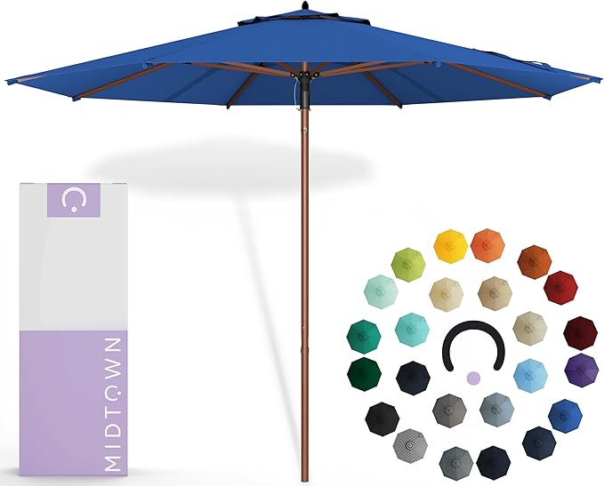 Midtown Umbrellas The Wooden 10 Feet Patio Umbrella With Sunbrella Dark Blue Acrylic Fabric - Aluminum Frame Market Umbrella For Backyard, Deck, Garden, Pool - Wooden Pole