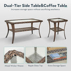 5 Pieces Wicker Patio Furniture Set - Hollow Widen Armrests Outdoor Swivel Glider Chairs and 3 Seat Sofa with Coffee Table & Side Table for Balcony Porch Deck and Yard - Brown/Gray