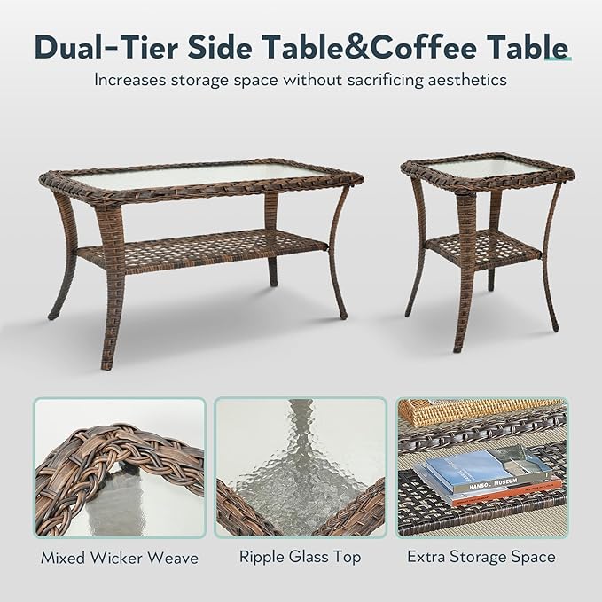 5 Pieces Wicker Patio Furniture Set - Hollow Widen Armrests Outdoor Rattan Chairs, 3 Seat Sofa with Coffee Table & Side Table, Small Patio Convention Set for Deck and Backyard - Brown/Blue