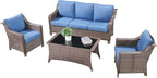 4 Piece Patio Furniture Set-Outdoor Rattan Wicker Sofa with Patio Chairs Outdoor Furniture for Porch Garden Backyard Poolside-Brown/Blue