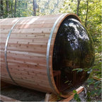 ZONEMEL Outdoor Barrel Steam Sauna with Panoramic View, Canadian Pine Wood Sauna for 3-4 Person with Porch, 6KW Heater, Rocks, 8mm Tempered Glass, Waterproof System