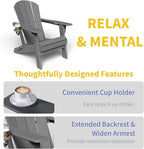 Kingdura Foldable Adirondack Chair, Portable HDPE All Weather Resistant Outdoor Patio Chair, Wooden Textured with Cup Holder, 380LBS Capacity for Poolside, Backyard, Deck, Fire Pit (Grey)