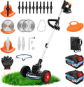24V Electric Weed Wacker, Cordless String Trimmers with 2 Batteries & Charger, 3 in 1 Stringless Brush Cutter/Weed Eater/Edger/Lawn Mower with 3 Types Blade & Wheels for Garden and Yard Lawn