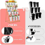 Flower Display Stand with Buckets, 4 Layers 16 PCS Buckets Plant Stand with Wheels, Movable Metal Plant Stand for Terrace Garden, Living Room, Florist Shop (Gold Frame - White Buckets, 4-Tier- 16 Buckets)