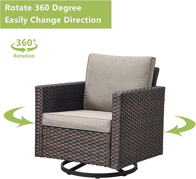 Rilyson Wicker Outdoor Patio Furniture Set - 5 Piece Patio Conversation Set with 2 Swivel Rocker Chairs,2 Rattan Ottoman and 1 Metal Side Table for Outside Porch Deck Backyard Garden(Brown/Grey)