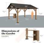 AMERLIFE 13x15 ft Spruce Wood Gazebo, Outdoor Gazebo with Bar Storage, Hardtop Wooden Paviloin with Metal Steel Gable Roof, Patio, Garage, Black + Natural Wood