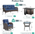 5 Piece Patio Furniture Set with Fire Pit Table - Wicker Patio Conversation Set with Swivel Glider, 3-Seat Sofa, Tempered Glass Side Table for Deck Backyard - Brown Wicker Blue Cushion