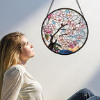 Stained Glass Window Hanging - Cherry Blossoms Suncatcher for Door Garden Home Decor Pink Flowers Sun Catcher Christmas Birthday for Friend Lovers Women Mom Nana 9.8 in