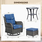 Patio Conversation Set with Smile-Shaped Cushions, Luxury Outdoor Swivel Chairs with Side Table and Ottomans, 5PCS PE Rattan Swivel Glider Chairs Set, Brown Wicker|Blue Cushions