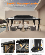 12' x 20' Hardtop Gazebo, Outdoor Patio Gazebo, Aluminum Frame Patio Hardtop Gazebos with Netting and Curtain, Outdoor Patio Pergola with Double Steel Roofs for Deck, Lawns, Parties, Sandstone
