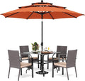 PHI VILLA 5 Pieces Outdoor Dining Set with Umbrella for 4, 37" Square Metal Dining Table & 4 Cushioned Wicker Rattan Chairs with 10ft Red Umbrella for Patio, Deck, Yard, Porch