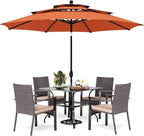 PHI VILLA 5 Pieces Outdoor Dining Set with Umbrella for 4, 37" Square Metal Dining Table & 4 Cushioned Wicker Rattan Chairs with 10ft Red Umbrella for Patio, Deck, Yard, Porch