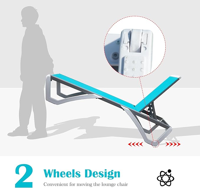 Domi Outdoor Lounge Chair, Aluminum Patio Chaise Lounge with 5 Position Adjustable Backrest and Wheels, All Weather Reclining Chair for Patio, Yard, Balcony, Poolside (Lake Blue)