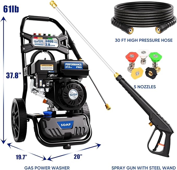 TOOLCY Gas Pressure Washer 3400PSI/2.8GPM Power Washer Upgraded Pump, 30ft Hose, Onboard Soap Tank, Spray Gun &5 Quick-Connect Nozzles for Driveway, Deck, Car Cleaning