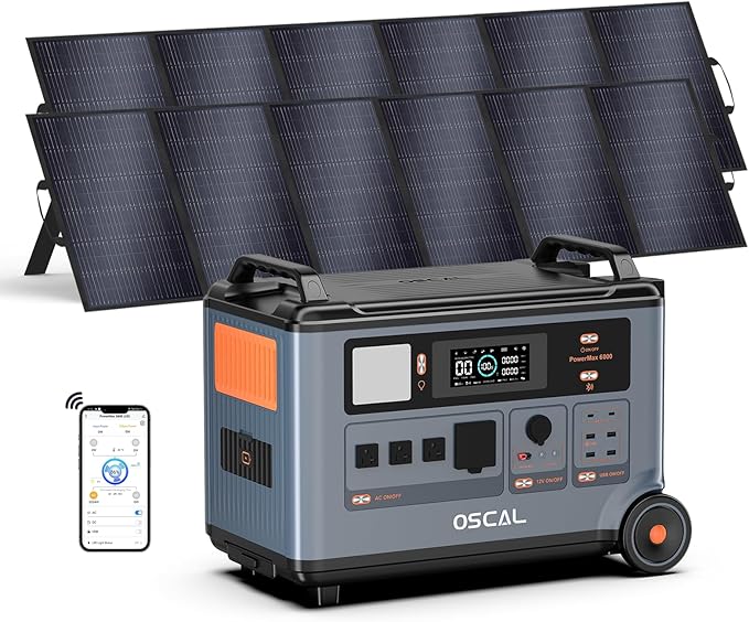 OSCAL PowerMax 6000 Solar Generator with 2x500W Solar Panels, 120/240V Split Phase Voltage 6000W AC Outlets (7200W Peak), 3600Wh Power Station Expandable to 57.6kWh, Emergency for Home