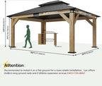 AMERLIFE 13x15 Hardtop Gazebo, Spruce Wood Gazebo with Storage Bar Counter, Outdoor Pavilion with Double Iron Roof, for Patio, Lawns, Garage, Black + Natural Wood