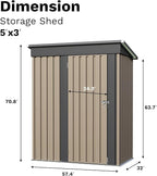 JUMMICO Metal Outdoor Storage Shed 5 x 3 FT Metal Shed with Lockable Door,Waterproof Garden Tool Shed Storage House for Backyard Patio Lawn, Brown