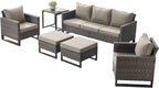 Rilyson Wicker Outdoor Patio Furniture Set - 6 Piece Patio Conversation Set with 2 Armrest Chairs,2 Rattan Ottoman,1 Couch and 1 Metal Side Table for Outside Porch Deck Backyard(Brown/Grey)