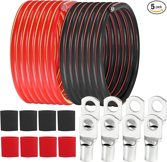 2 Gauge Battery Power Cable (25 Feet Black, 25 Feet Red) - 2 AWG Copper Clad Welding Wire with M8 & M10 SC Connector Lugs for Car, Camper, RV, Solar Low Voltage Wiring