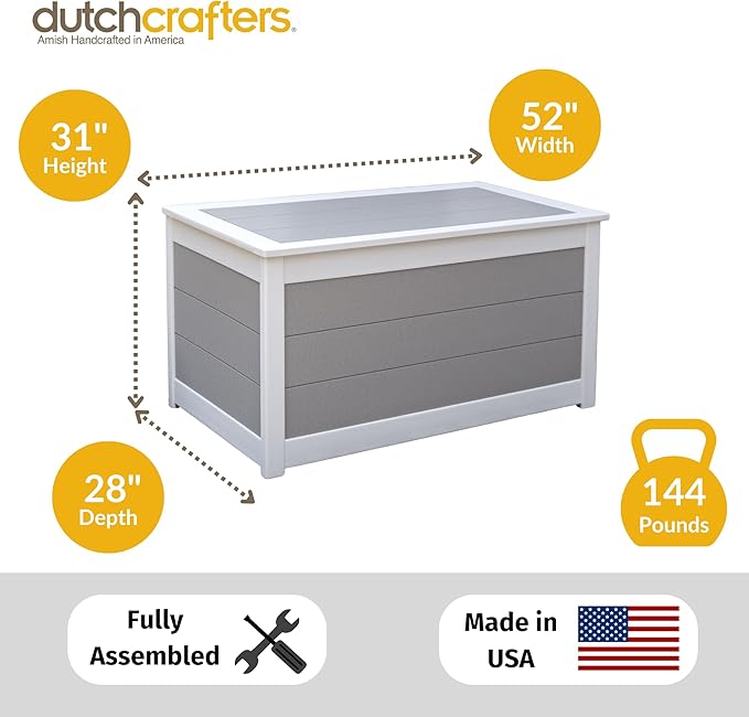 DutchCrafters Poly Waterproof Outdoor Deck Box 200-Gallon Large Deck Box Weatherproof Storage for Pool Decor, Porch Packages, Pool Towel Holder, Holds Up To 10 Cushions (Weatherwood & White)