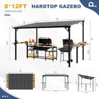 MEISSALIVVE 8' x 12' Wall Mounted Gazebo, Outdoor BBQ Grill Gazebo with Side Shelf, Lean to Metal Awnings with Sloped Roof, Heavy Duty Pergola for Backyard, Deck, Black