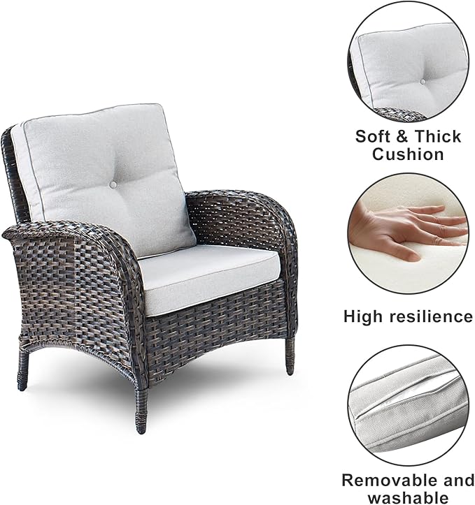 HUMMUH 3 Pieces Patio Furniture Set Outdoor Wicker Bistro Rattan Chairs with Glass Top Side Table and Thickened Cushions for Porch Deck Backyard Poolside