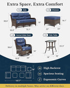 HILLGA Luxury Patio Furniture Set with 6-inch Thick Cushion, Outdoor Couch and High Back Swivel Rocker Patio Chairs, 6PCS Wicker Conversation Set for Deck Yard and Poolside, Blue (V2)