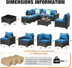 8 Pieces Patio Furniture Set All-Weather Outdoor Wicker Sectional Conversation Sofa Rattan Patio Seating Sofa with Cushion and Glass Table for Porch Poolside,Peacock Blue