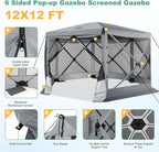 COBIZI 12x12 Pop up Gazebo Screen House Tent for Camping, Outdoor Canopy with Removable Roof&Mosquito Netting, Portable Hub with Carrying Bag and Ground Stakes, Grey