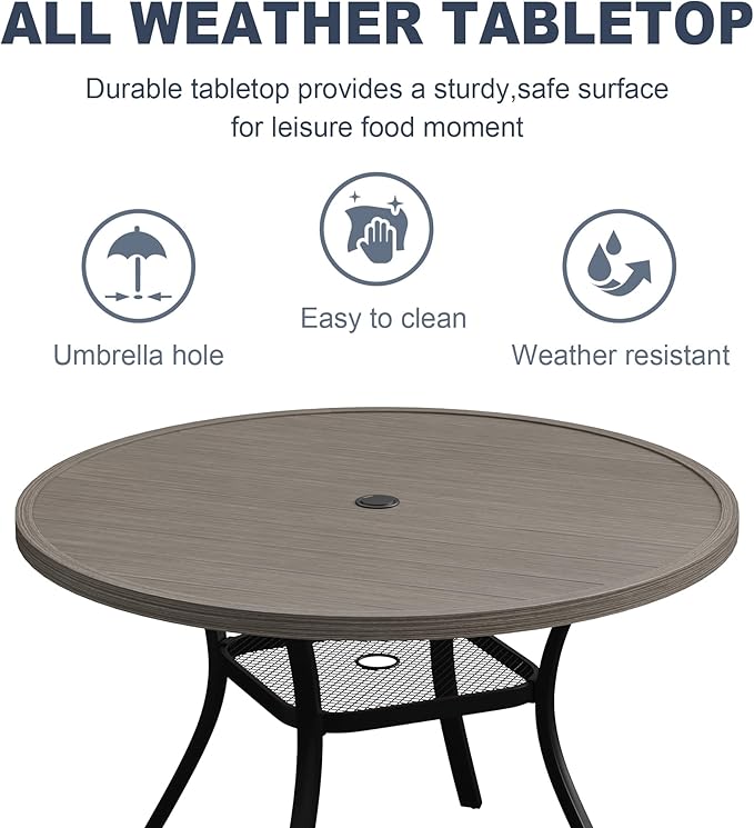VICLLAX Round Patio Dining Table, 4-6 Person Metal Outdoor Dining Table with Umbrella Hole for Garden Lawn Deck, 47.2" Grey