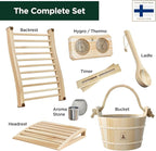 Sauna Accessories Kit - Handmade from Finnish Pine Wood - Complete Set (Bucket & Ladle, Thermometer & Hygrometer, Sand Timer, Aromatherapy Cup, Backrest, Headrest)