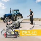 4400PSI Gas Pressure Washer with Hose Reel, 4 GPM, One-Button Electric Start 420CC 15HP Commercial Pressure Washer with 50FT 3/8" Hose, Spray Gun & Wand, 5 Quick Connect Nozzles