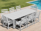 LOUNZY 9 Pieces Patio Dining Sets, 90'' Table Outdoor HDPE Furniture Set w/ 2" Hole Cut-Out Dining Table with 8 Patio Chairs for Lawn, Pool and Yard, White