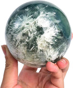 JIC Gem 3.1-3.5 inch(80-90mm) Large Crystal Ball Feather Fluorite Healing Crystals Sphere with Wooden Stand Meditation Home Decor