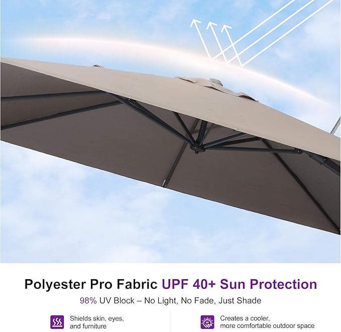 PURPLE LEAF 10' X 10' Swivel Outdoor Patio Aluminum Umbrella with Base Left-right Tilting Cantilever Offset Umbrella with UV Resistant Heavy Duty Fabric for Deck Pool Patio Backyard, Ash Mocha