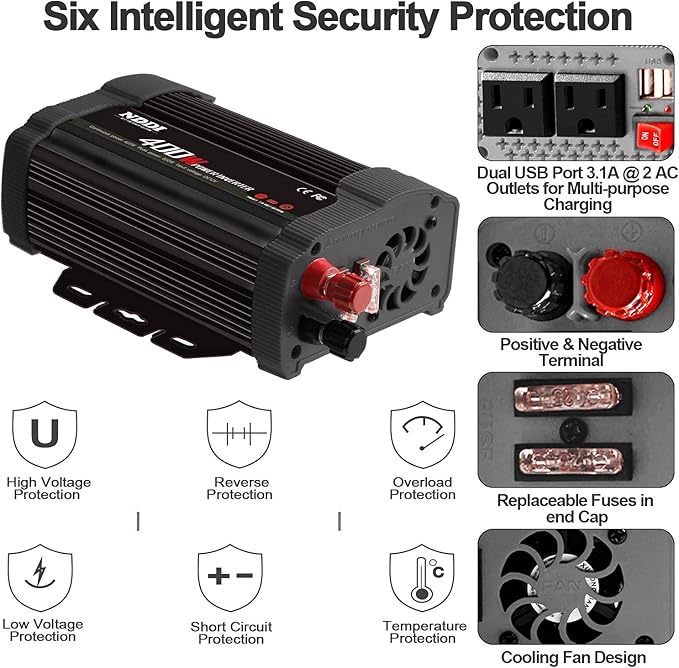 400W Car Power Inverter, DC 12V to 110V AC Converter with 2 Charger Outlets and Dual 3.1A USB Ports Cigarette Lighter Socket Adapter(Black)