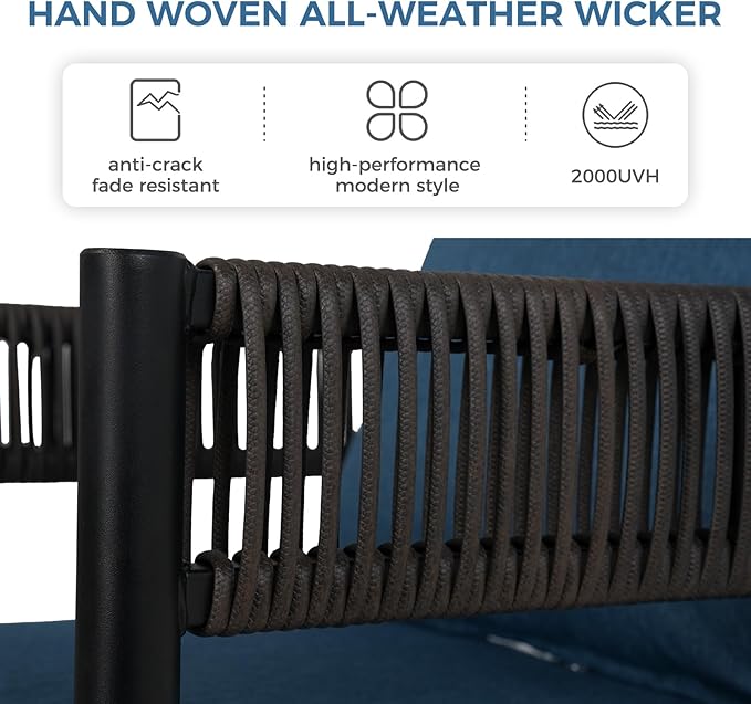 Grand patio Outdoor Dining Chair Set of 2, 2 Pieces Patio Dining Chairs, Metal Woven Wicker Fixed Patio Chairs with Peacock Blue Cushions for Backyard, Deck, Garden, Porch, Lawn and Poolside (Brown)
